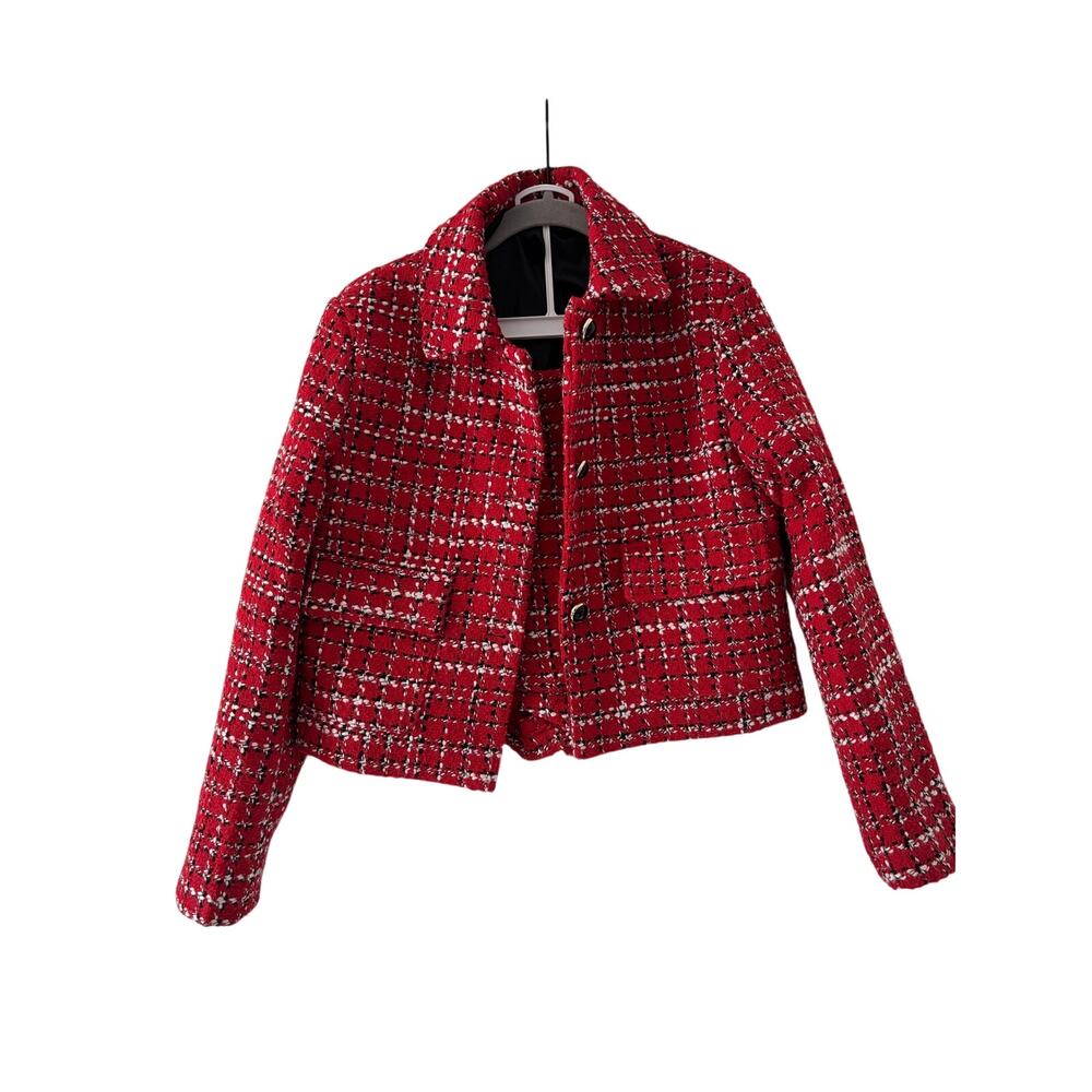Women’s Red Tweed 2 Piece Skort Suit Set Jacket & Shorts Plaid XS Preppy - Picture 5 of 11